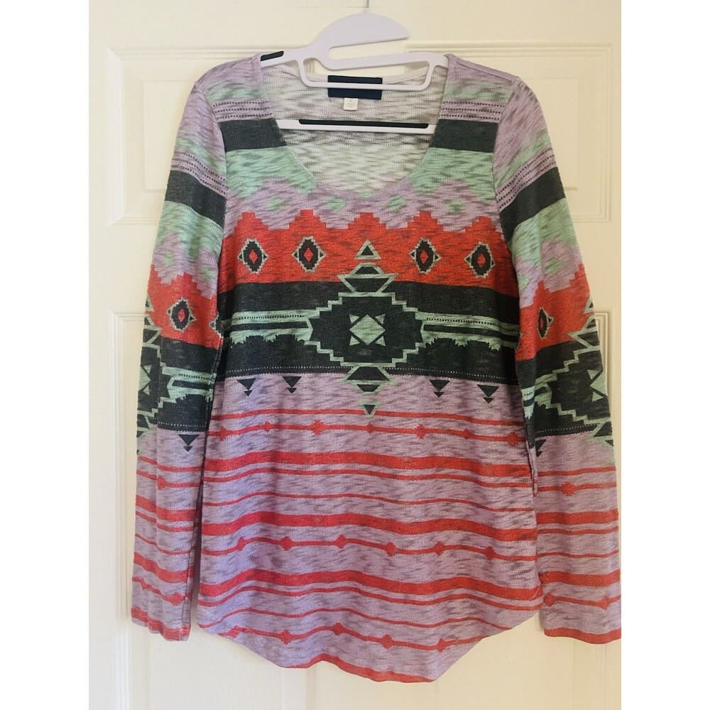 Blue Rain Women Aztec Tunic Top Sz L Tribal Knit Long Sleeve Southwestern Boho